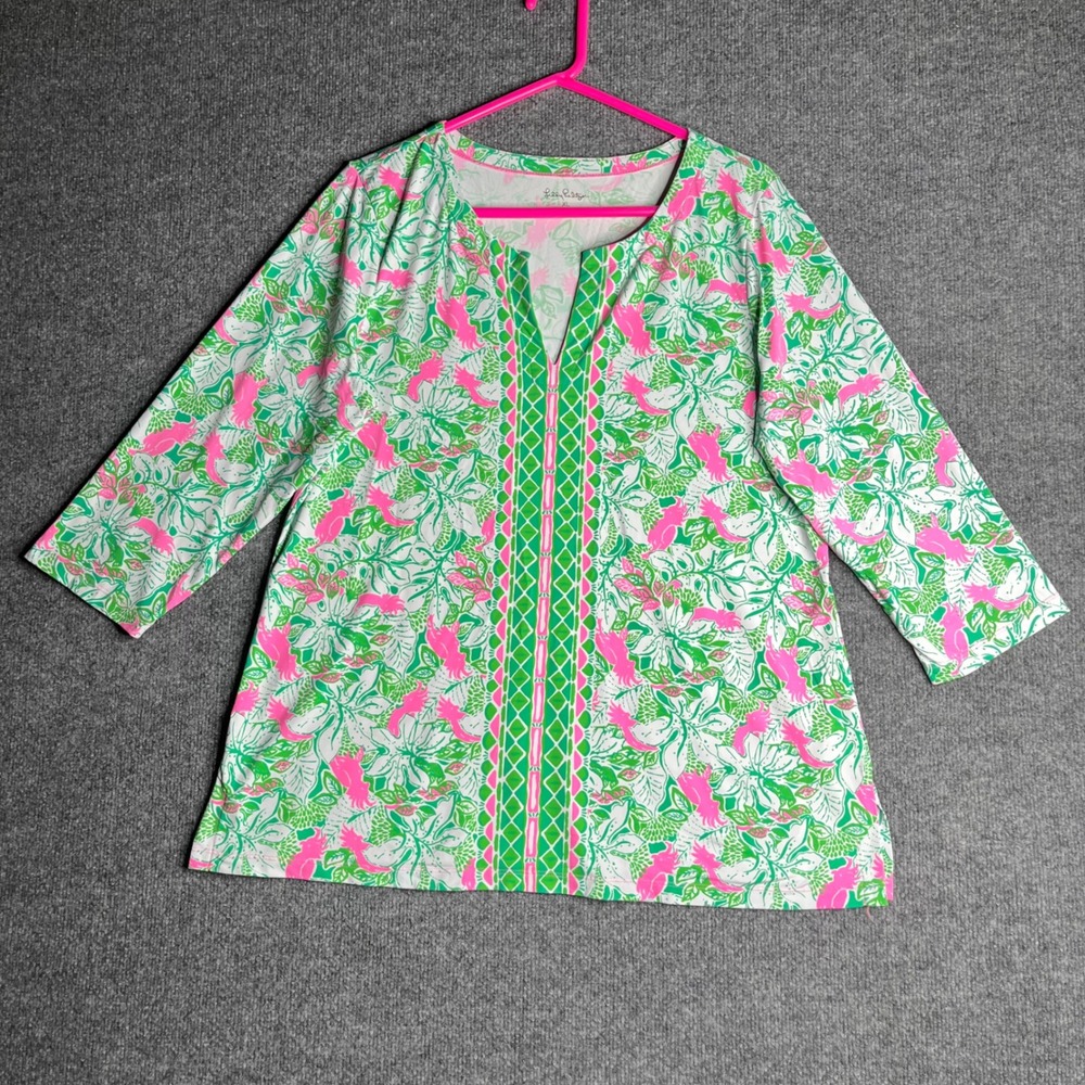 Lilly Pulitzer Chilly Lilly Etta Top‎ XL Green Pink Tropical Floral UPF 50+